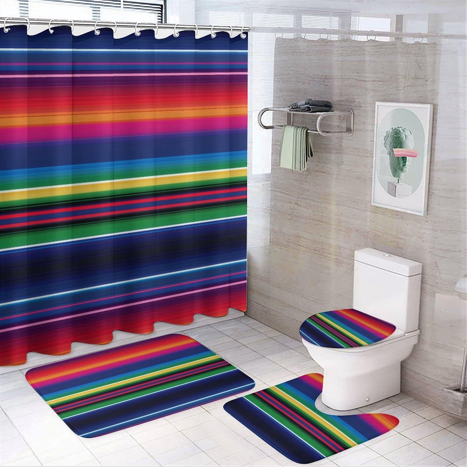 Colorful Mexican Stripes Print Four Piece Bathroom Set 183 * 183cm Shower Curtain, Non-Slip Floor Mats, U-Shaped Mat, and Toilet Lid Cover