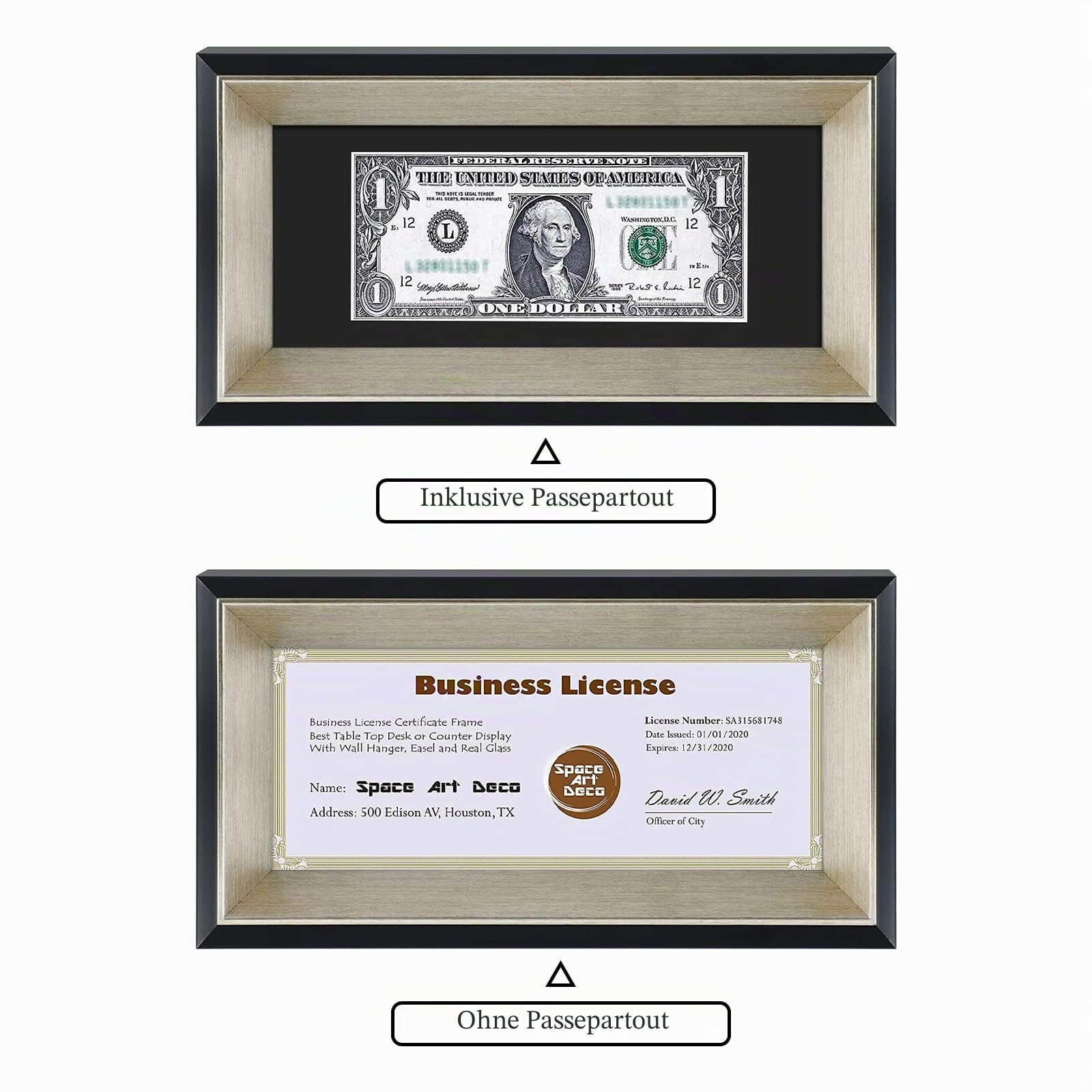 L'Espace Rahmen Art Deco Teppich - First Dollar - Lizenzhalter - Fuß - Sägezahn Kleiderbügel - Wandhalterung - Landschaft Portrait - Glas 4x9 Black/Silver