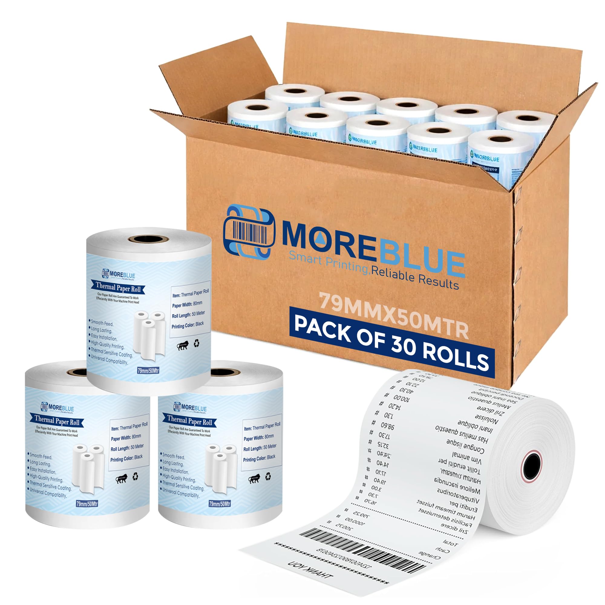 MOREBLUE® Thermal Paper Rolls 3 Inch (79mm x 50m, 55 GSM) | Ink-Free Receipt Paper for POS, Billing Machine, Credit Card Machine, ATM & Thermal Printers Pack 30