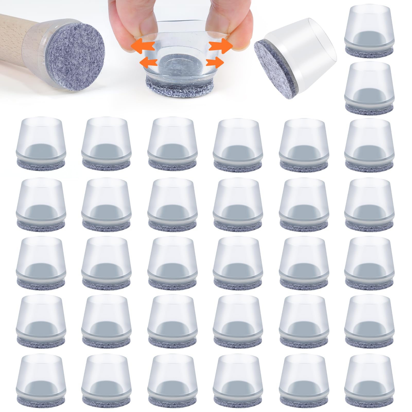 VABNEER 22-24mm Schutzkappen Für Stuhlbeine, 16 Stück Runde Transparent Silikon Stuhlbeinkappen mit Filzpolstern, Rund Tische und Stühle Fuß Protektoren für Hartholzböden
