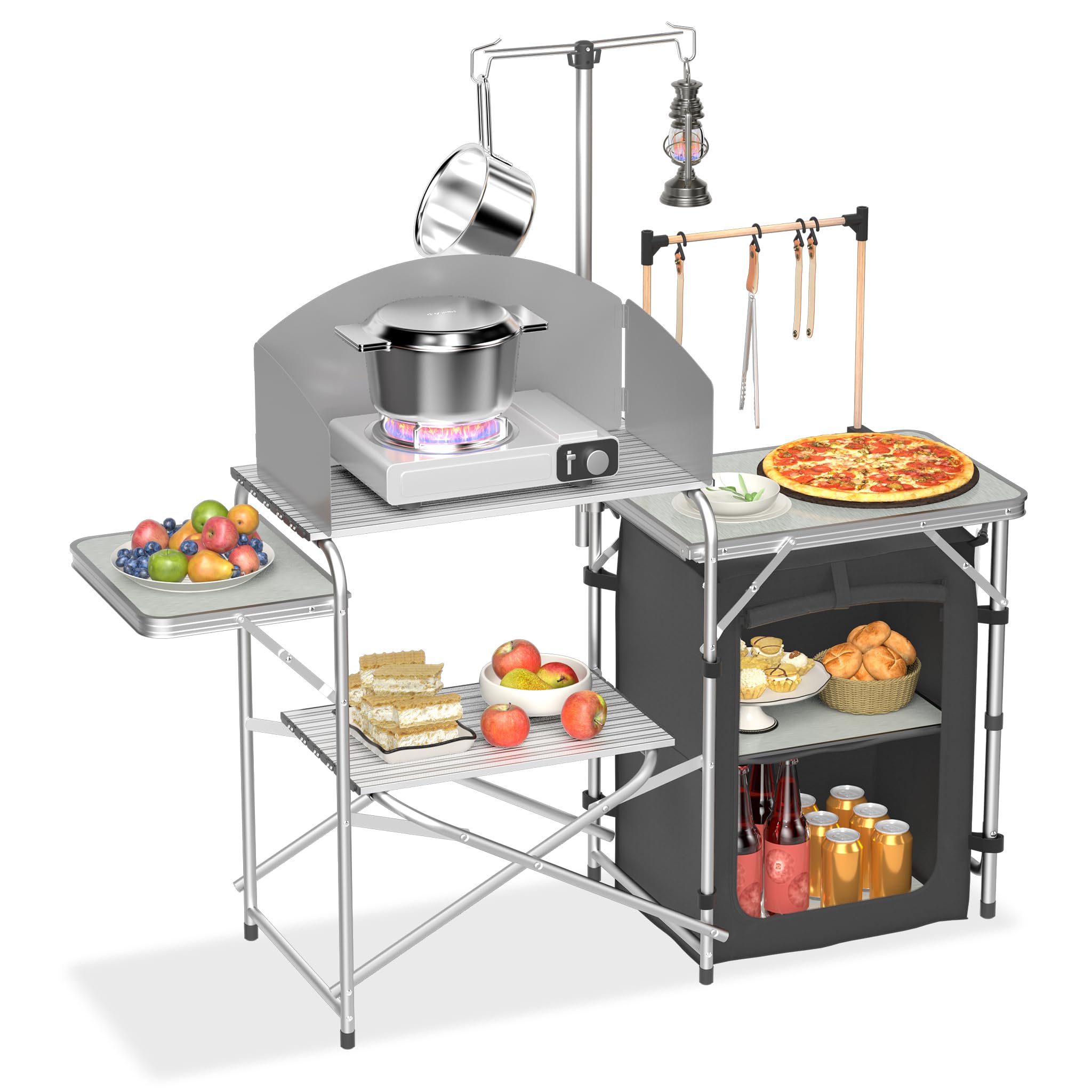 LZQ Table de cuisine de camping pliable avec armoires de camping, pare-vent, support de lampe et crochets, cuisine de camping d'extérieur avec panneaux MDF, sac de transport pour camping, pique-nique,