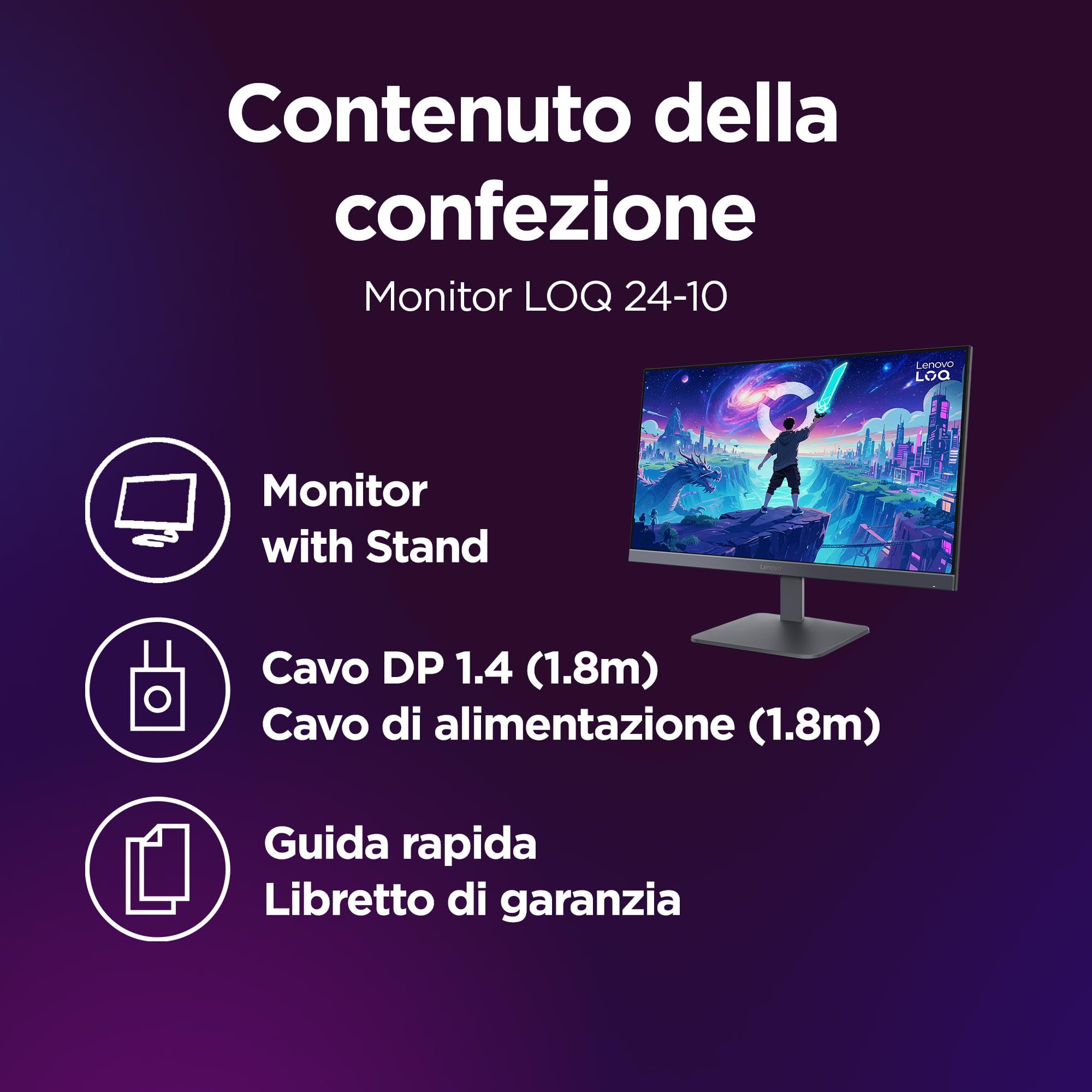 Lenovo LOQ 24-10 Monitor Gaming 24" 200Hz, 0.5 ms, IPS FHD (1920x1080) AMD FreeSync Premium, DP 1.4, 2x HDMI 2.1, VESA 100x100