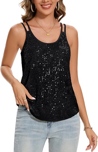 MINTLIMIT Sequin Sparkle Tank Top for Women Sleeveless Glitter Blouse Shirt | Full Lined, Double Shoulder Straps, Round Neck/Scoop Neck, Casual Sequin Tank Top