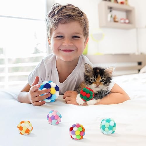 Miniatura 9 de TUSATIY Pelotas de juguete para gatos con campanas, 3 unidades, bolas de pompones de color para gatos, bolas brillantes de oropel, juguete