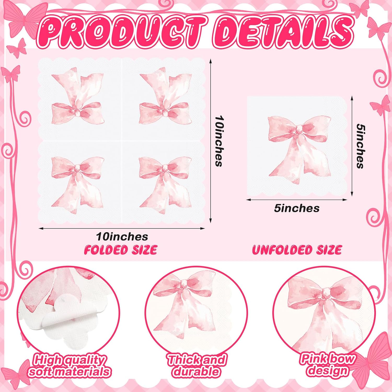 HunnmingRe 150 Pcs Pink Bow Napkins 3 Ply Coquette Disposable Paper Napkins Bow Decorative Party Supplies for Bachelorette Bridal Baby Shower Tea Wedding Birthday Party