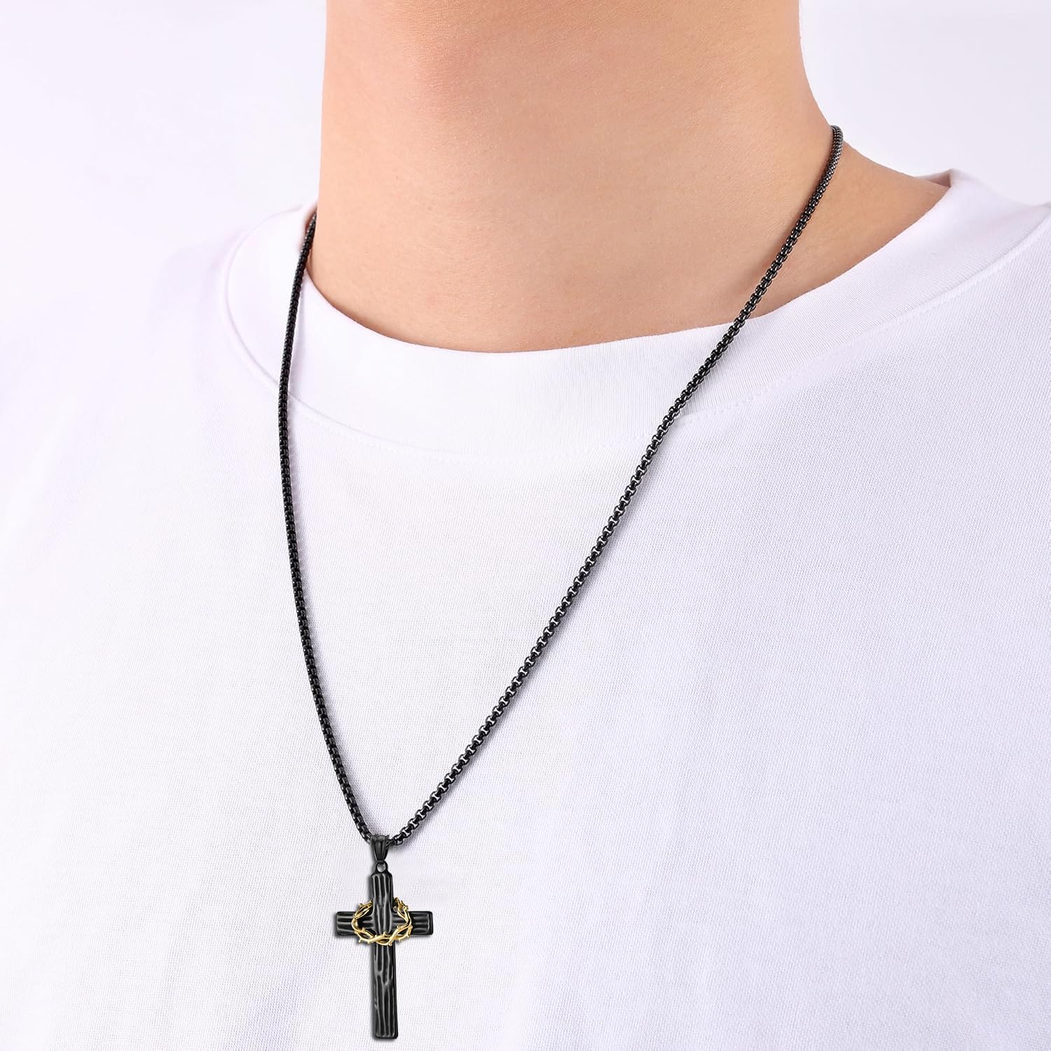 Cross Necklace for Men - 316L Stainless Steel Religious Crucifix Pendant with Adjustable 22"+2" Rolo Chain,Silver/Black Christian Jewelry Gift - Image 5