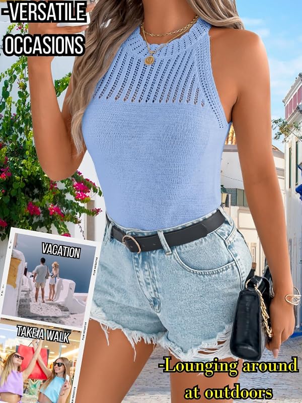 ChiaoLezhee Women's Summer Knit Tank Tops Racerback High Neck Lightweight Sweater Vest Dressy Casual Outfits Ladies Halter Sleeveless Beach Crochet Eyelet Blouse Trendy Cute,Light Baby Blue,Medium by ChiaoLezhee - Used condition - Image 3