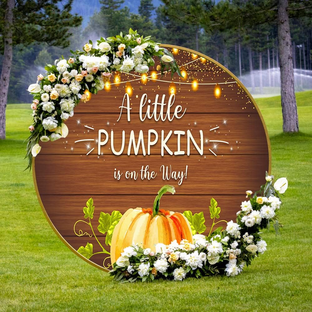 Baby Shower Round Backdrop Cover, 7.2x7.2ft Polyester A Little Pumpkin is on The Way Circle Round Arch Backdrop Stand Cover for Photography, Chic Circular Rustic Wood Photo Backdrop YMBLSPH30