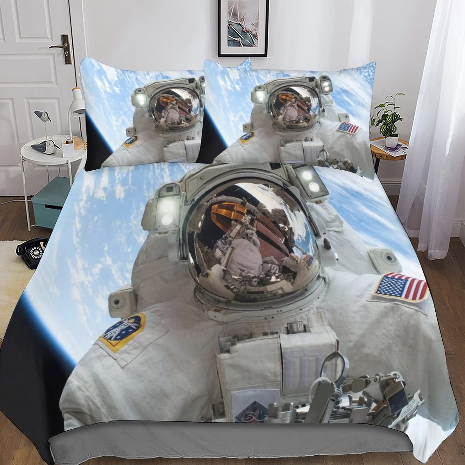 Housse de couette astronaute 3D en polycoton pour lit 2 places King avec taies