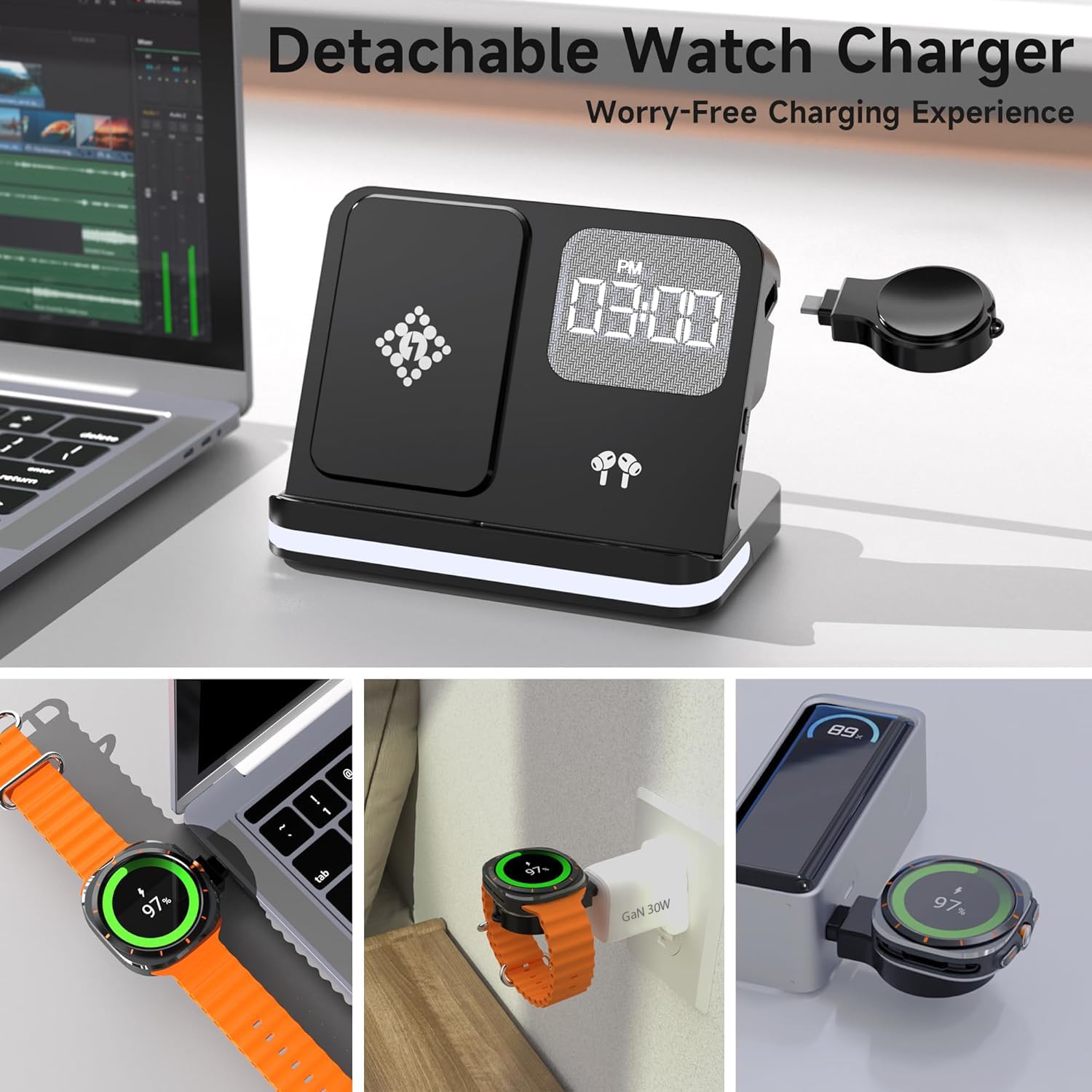 4-in-1 Ladestation Kompatibel mit Samsung Geräte mit Wecker & LED Licht - Kabelloses Schnellladegerät - Für Galaxy S25/Z Flip 6, Watch 7/Ultra, Buds 3 Pro - Schreibtisch & Nachttisch Organizer