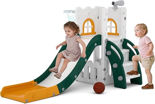 Miniatura 10 de Tobogán para niños pequeños 6 en 1, juego de juegos para niños pequeños para interiores y exteriores, tobogán para bebés con aro de baloncesto,