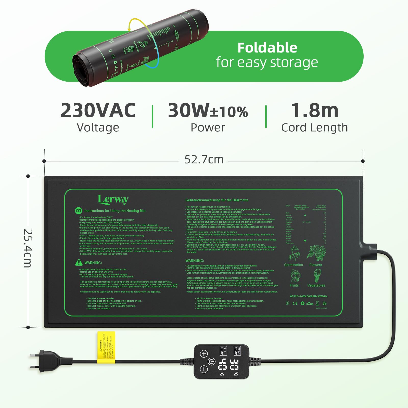 LERWAY Tapis chauffant pour plantes avec thermostat, 30 W, étanche IP67, 25 × 52 cm