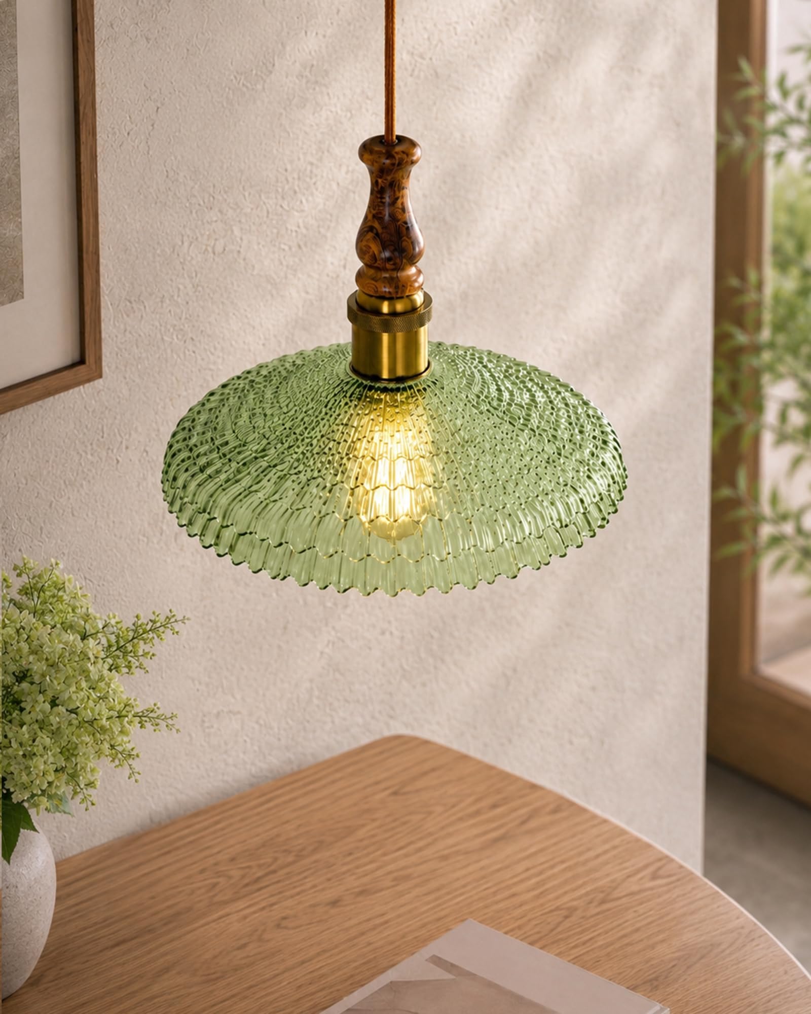Homesake® Botanica Pendant Lamp | Petal Scalloped Glass Hanging Light with Solid Wood Top | Vintage European Ceiling Fixture, Pendant Light for Home Décor, Hallway, Kitchen & Balcony, (Ripple, Green)-image-2