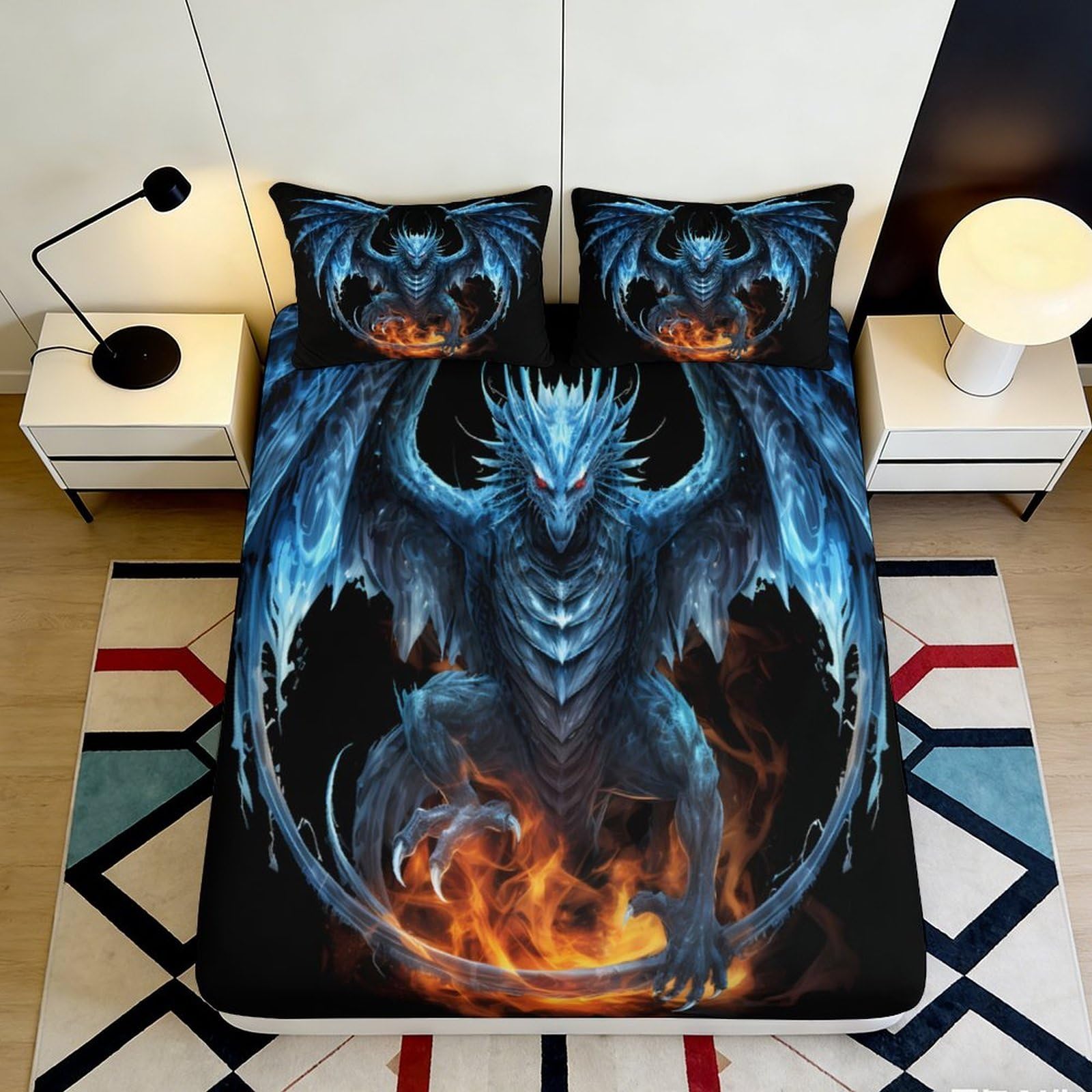 3D Printed Blue Fire Dragon Fitted Sheet Microfiber Soft Mattress Cover Anti-Slip for Bedroom Dorm Mattress Decor 120x200x25cm