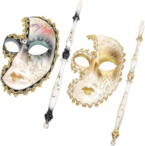 LUOZZY 2 máscaras venecianas para mascarada con palo de sujeción, para carnaval, Mardi Gras, máscaras de disfraces para fiestas de baile, accesorios