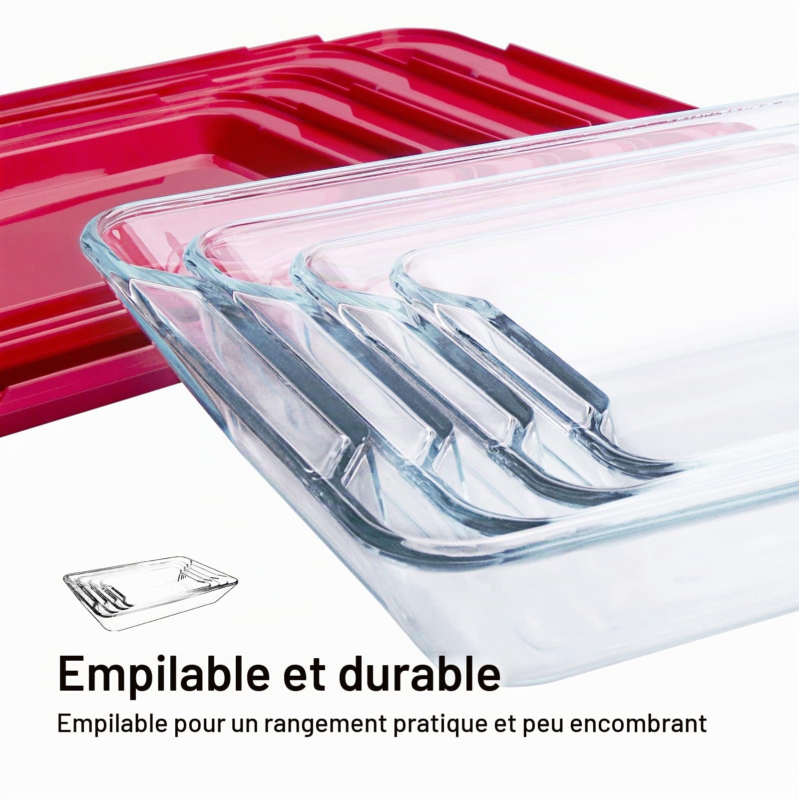 Lot de 3 Plats à Four en Verre, Plat à Lasagne Rectangulaire Plat à Rôtir Cocotte en verre trempé avec couvercle Plat à four en verre pour four, congélateur et lave-vaisselle (1L+1.5L+2.5L+3.8L)