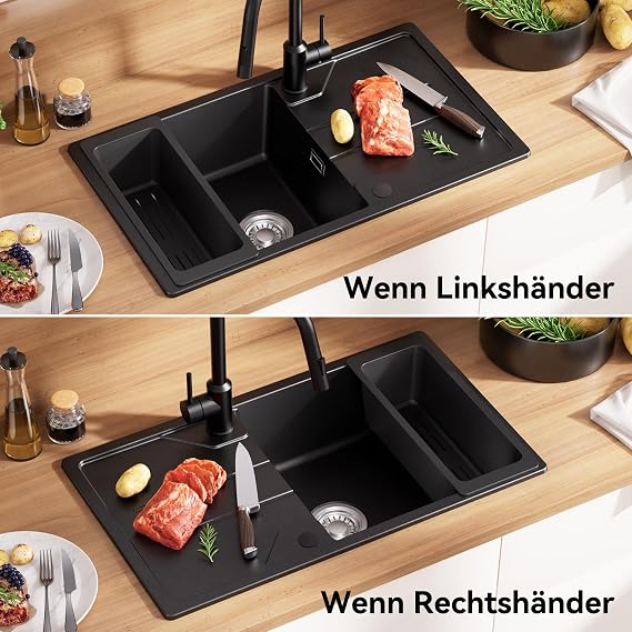 CECIPA Kitchen Sink Black 78 x 45 cm Granite Kitchen Sink with Strainer Basket Kitchen Sink with Reversible Installation Sink Kitchen Built-in Sink Including Siphon and Drain and Overflow Fittings