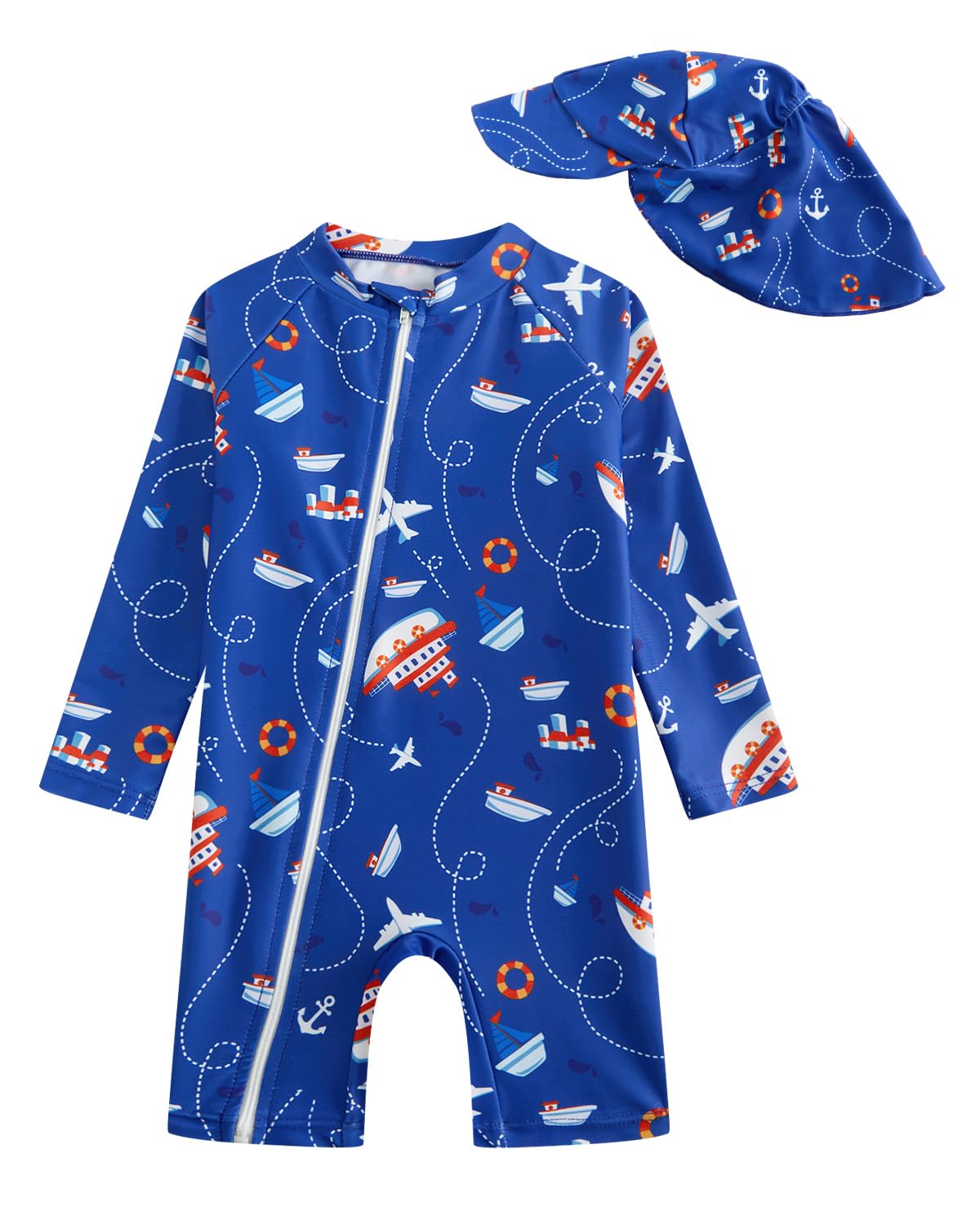 JiAmy Maillot de bain une pièce pour bébé garçon avec chapeau de soleil, manches longues, fermeture éclair, protection solaire, maillot de bain une pièce