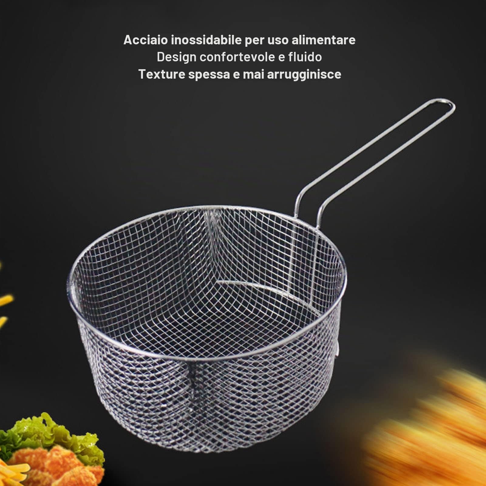 Cestello per Friggere in Pentola, Pentola Cestello in Rete Rotondo Acciaio Inox Frittura con Manico per Padella Patatine Fritte, 23 Cm
