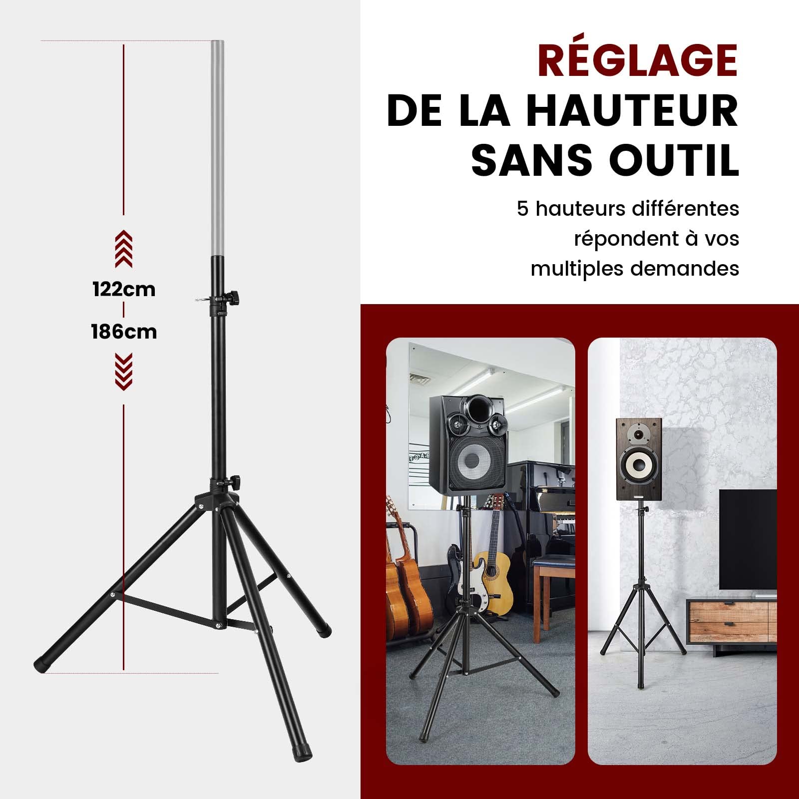 COSTWAY Pied d'Enceinte Trépied de Haut-Parleurs en Fer+PP Hauteur Réglable 97-181 cm Excellente Stabilité Pieds Antidérapant pour Le Bureau Maison Salle de Réunion Capacité de Charge 50 kg Noir