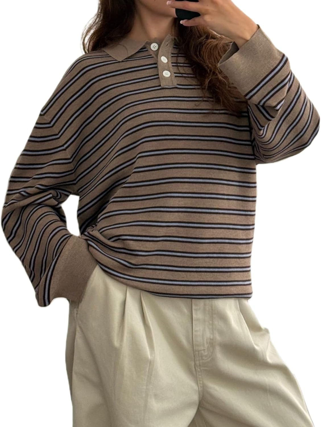 Womens Fall Striped Sweaters Tops Lapel Polo Knit Sweater Color Block Long Sleeve Casual Soft Pullover Shirt