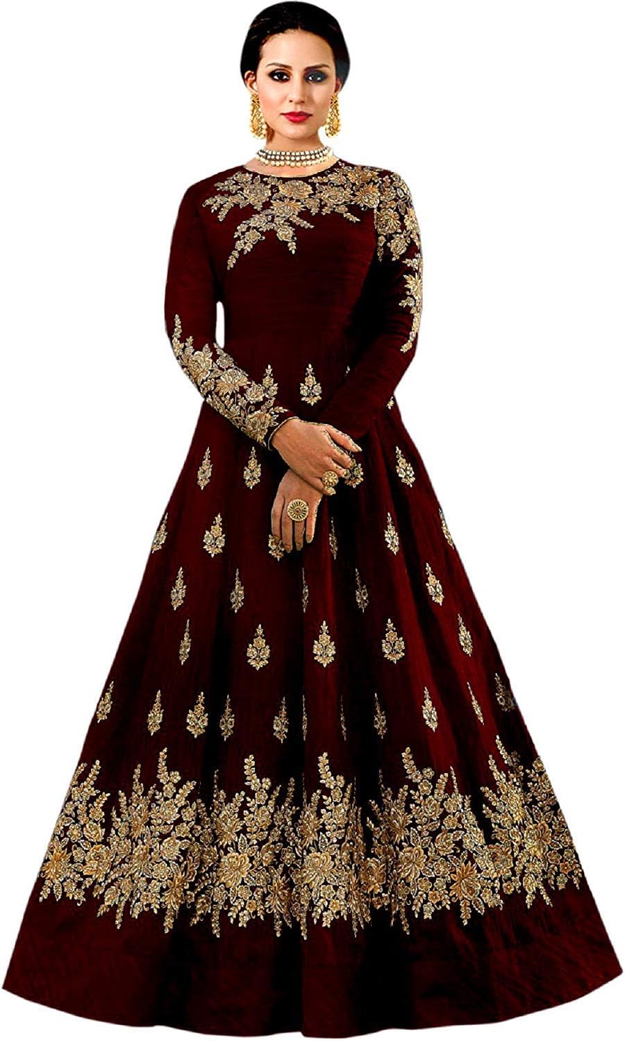 Indiahandycraft Indian Women Tafeta Satin Anarkali Style Gown, Fashion Designer Lehenga Choli for Party wear Lehenga Choli Maroon