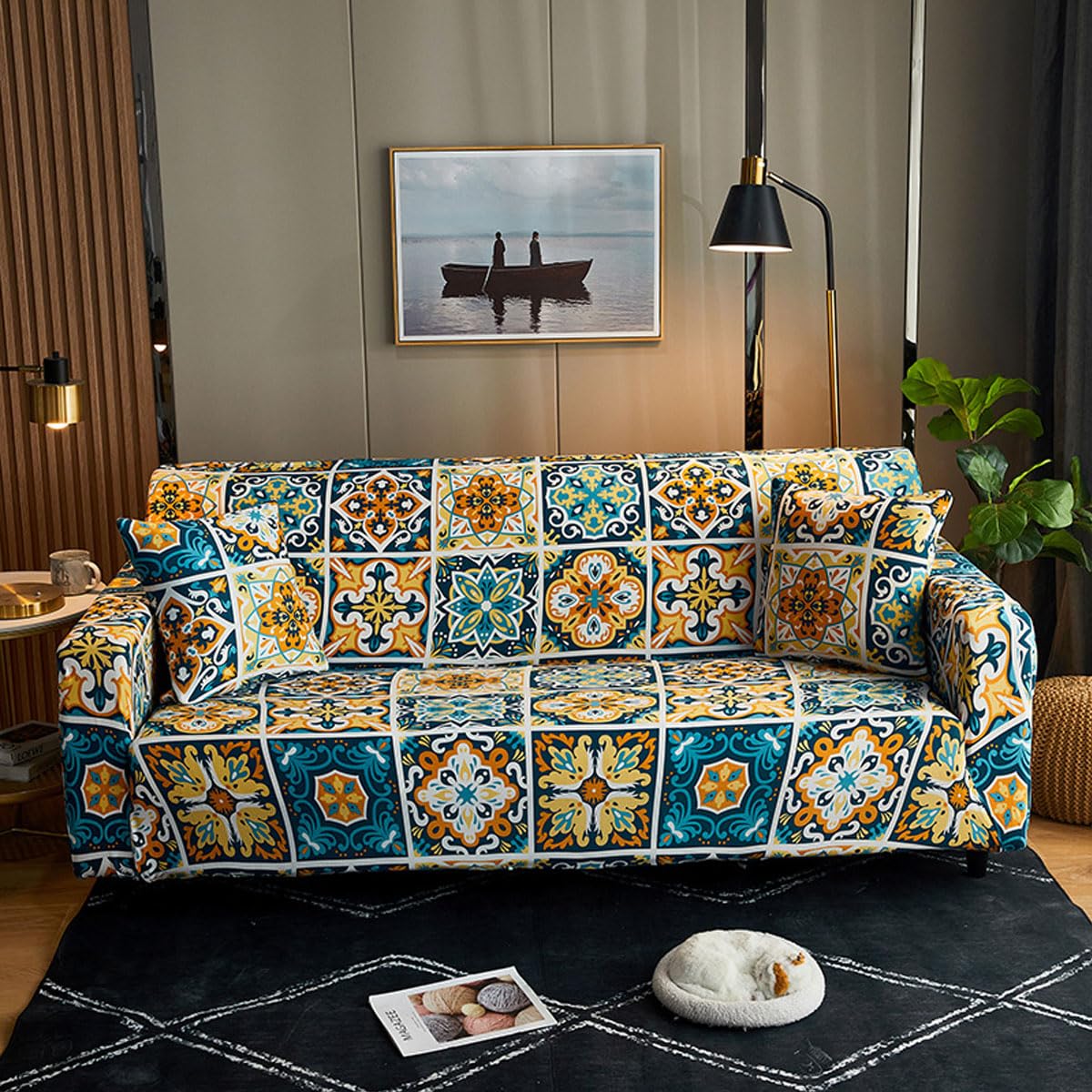 Snqzo D High Stretch Sofa Cover 1 2 3 4 Seater Super Soft Sofa Slipcover Printe Spandex Couch Cover Universal Fitte Sofa Slipcover Washable Elastic Fabric Furniture (Size:2 Seater(145-185Cm),Color:d)