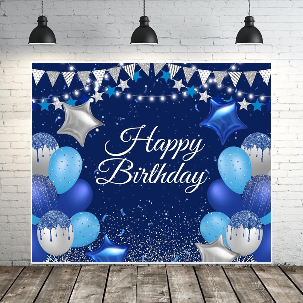 Telón de fondo de vinilo con purpurina de 3 x 2,4 m, color azul real, para fotos de cumpleaños, globo azul, estrella, globo, sesión de fotos, banderines plateados, fondo de fotografía, decoración de