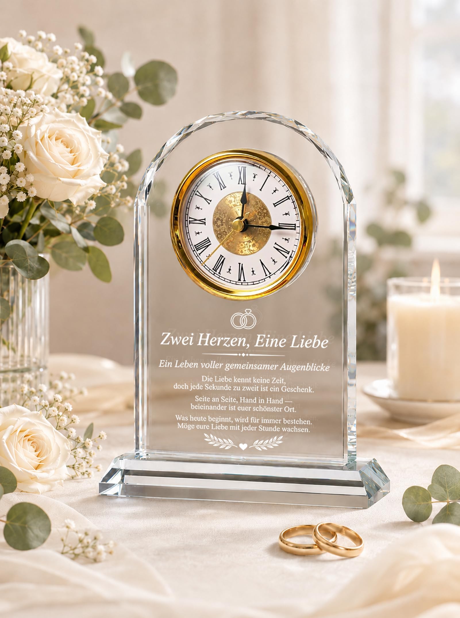 Hochzeitsgeschenk für Brautpaar - Glas Tischuhr mit Lasergravur | Frischverheiratete, Verlobungsgeschenk, Jahrestag-Andenken, edle Hochzeitsdeko, inkl. Geschenkbox