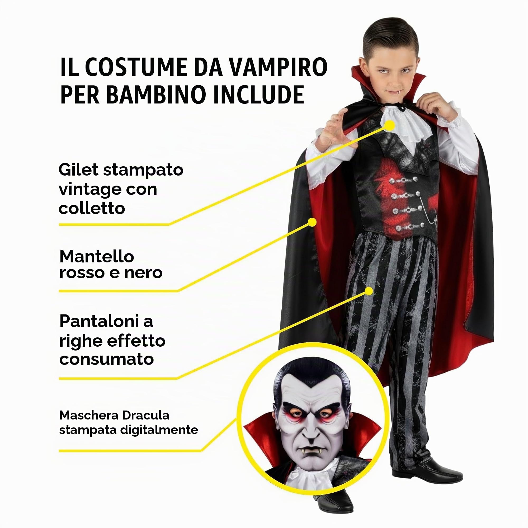 Morph Costume Dracula Bambino, Vampiro Halloween Bambino | Gilet Vintage, Pantaloni a Righe, Mantello & Maschera, Design Vampiro, Perfetto per Halloween, Ideale per il Gioco di Ruolo