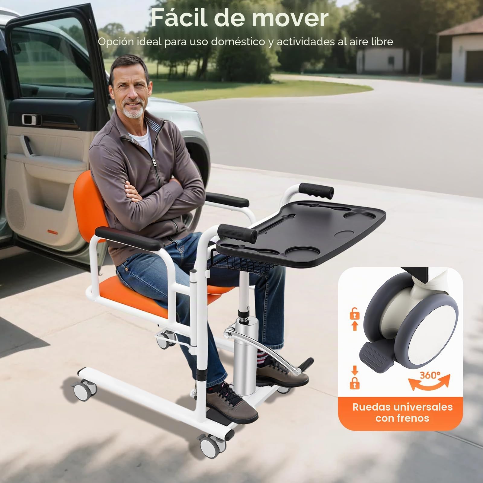 Capacidad de carga 330.7 Lbs hidráulica Paciente elevador Silla de transferencia, Silla de ruedas Dos sistemas de freno, Apoyabrazos fijos