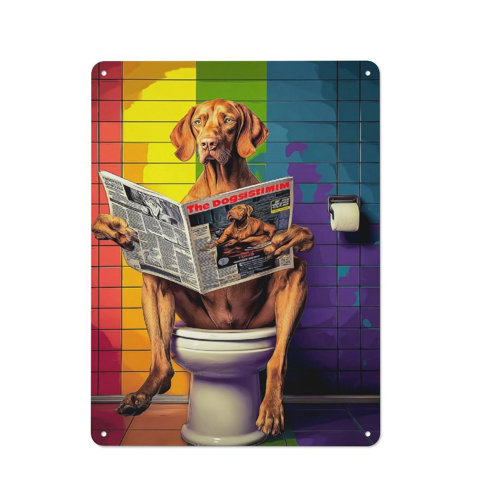 Junmoney Dog Reading Newspaper On Toilet Vintage Bistro Metal Sign 40X30cm, Bistro Wall Plaque For Takeaway, Bar, Kitchen Or Counter Area