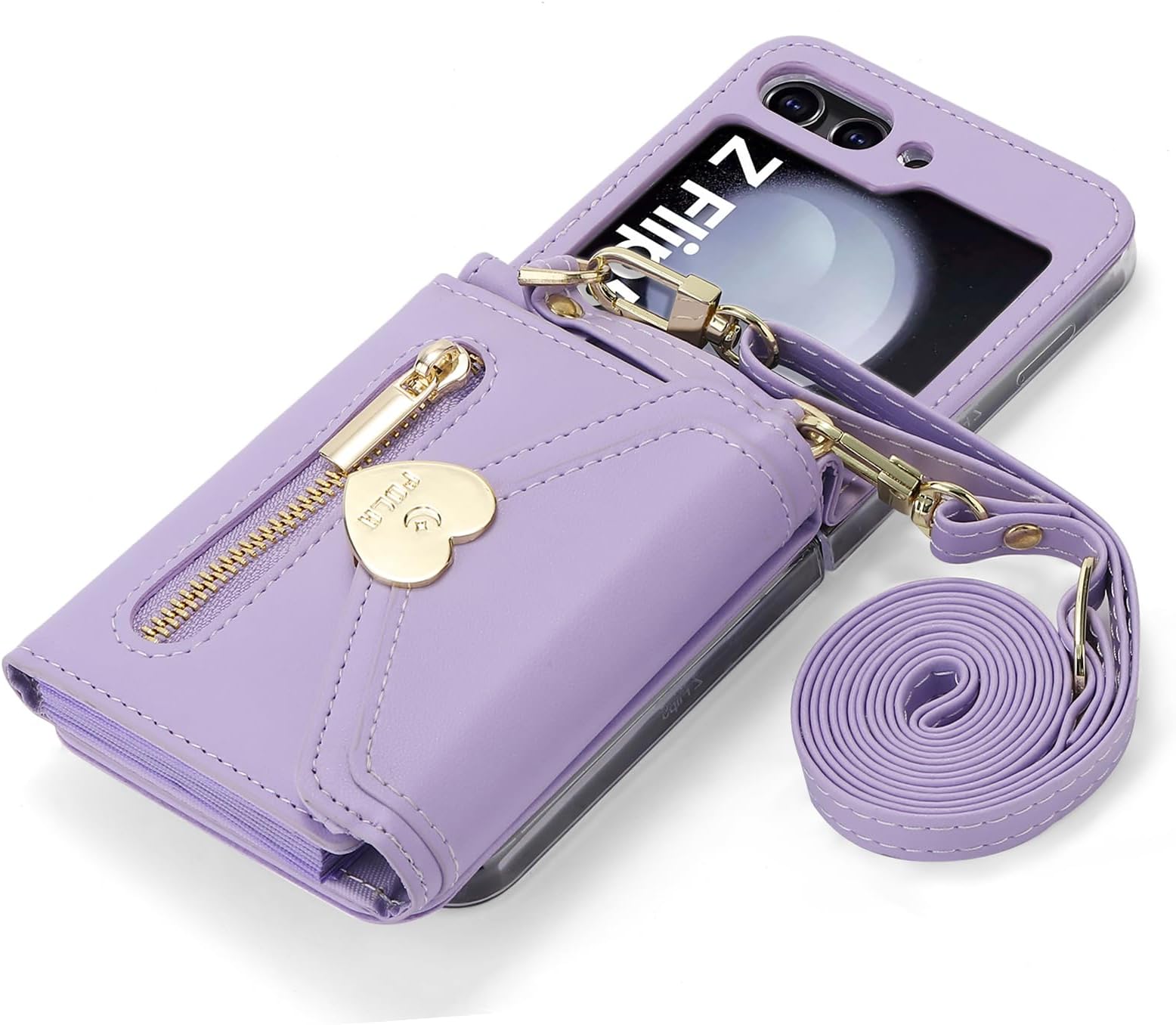 SZHAIYU Women Wallet Purse for Samsung Galaxy Z Flip 5 5G Case Crossbody with Credit Card Holder Strap Lanyard Kickstand Flip Leather Zipper (Purple, Z Flip 5)
