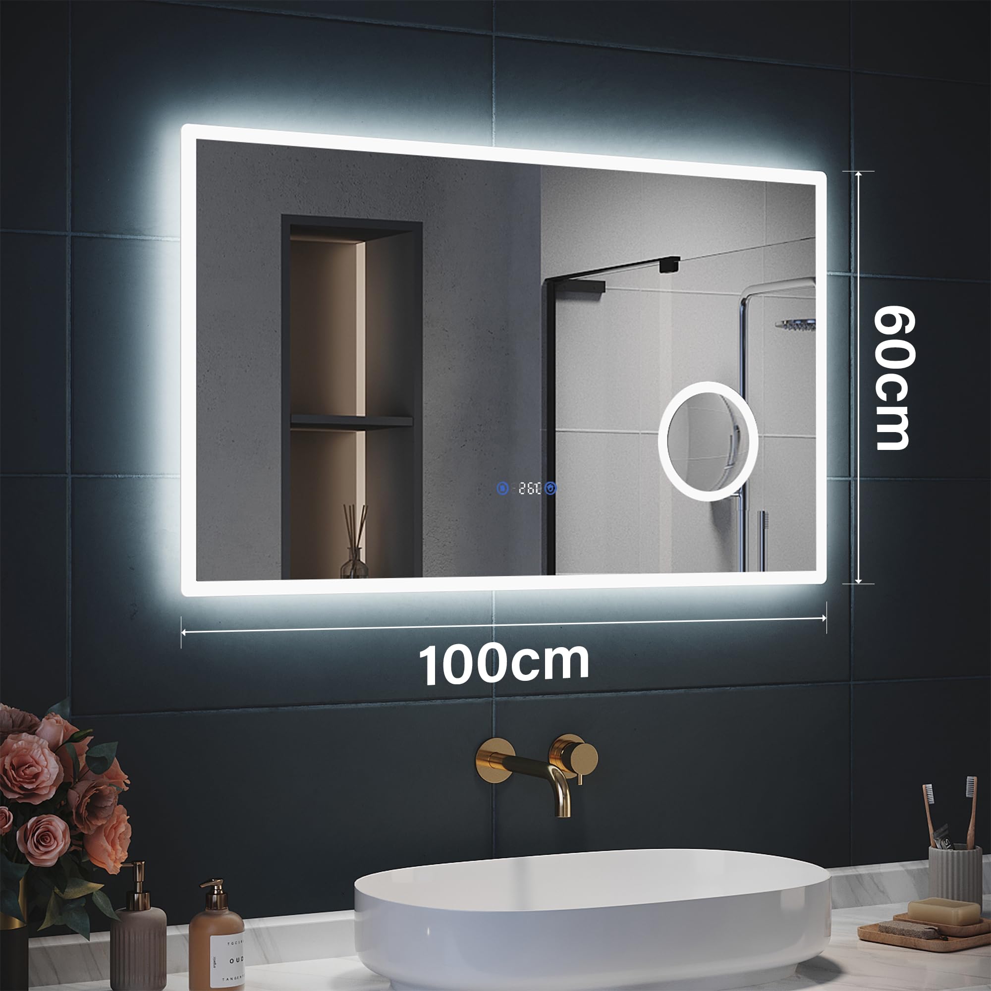SIRHONA Espejo Baño LED 100x60cm con Iluminación, Lupa y Reloj Digital, Antiniebla, Montaje en Pared