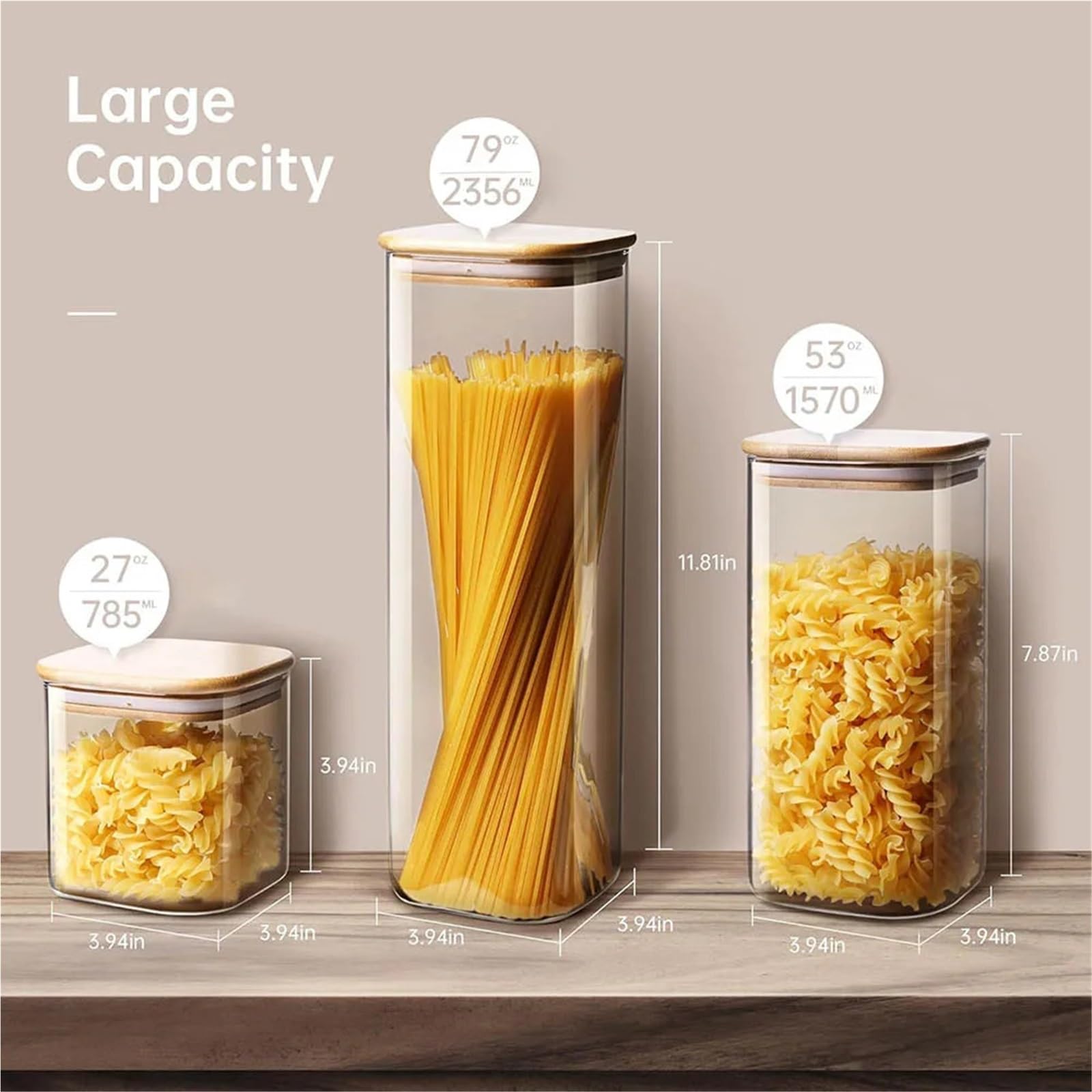 Frascos de almacenamiento vidrio cuadrados con tapa for granos café, fideos, contenedores alimentos, organizadores cocina, 1 Uds para Cocina(2000ml)