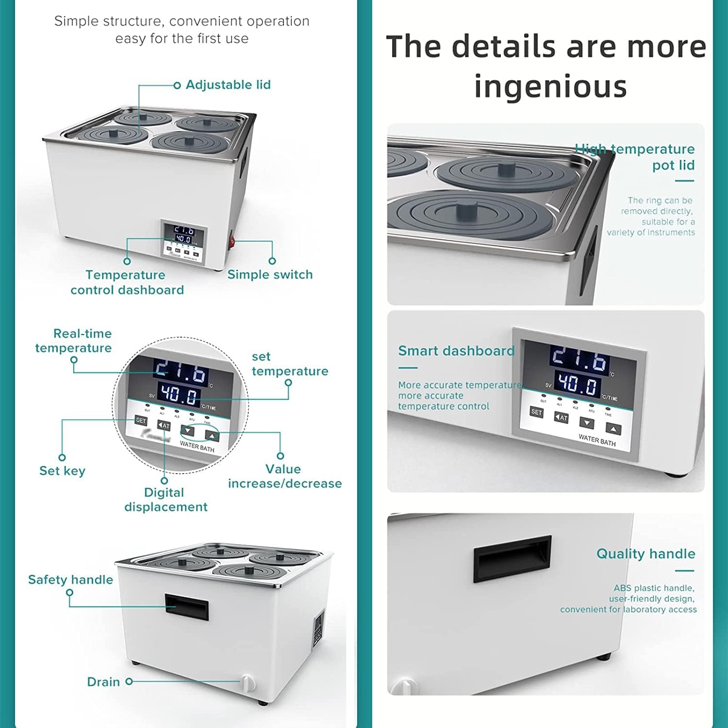 Baño María termostático digital para laboratorio, calentador eléctrico para baño María, baño María de laboratorio con calentamiento científico, revestimiento de acero inoxidable (4 orificios)