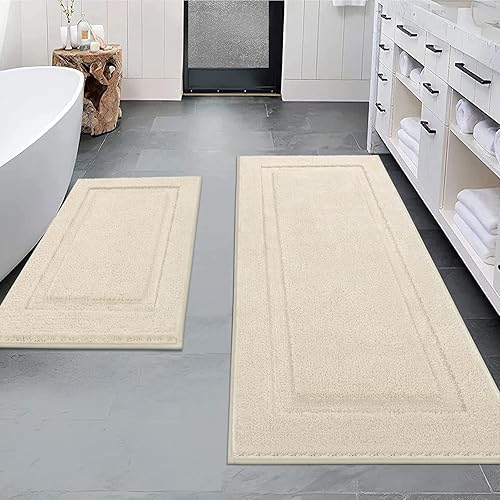 Miniatura 41 de SHACOS Juego de 2 alfombras de baño suaves y esponjosas de color blanco de 16 x 24 + 20 x 32 pulgadas, alfombras de baño antideslizantes y lavables
