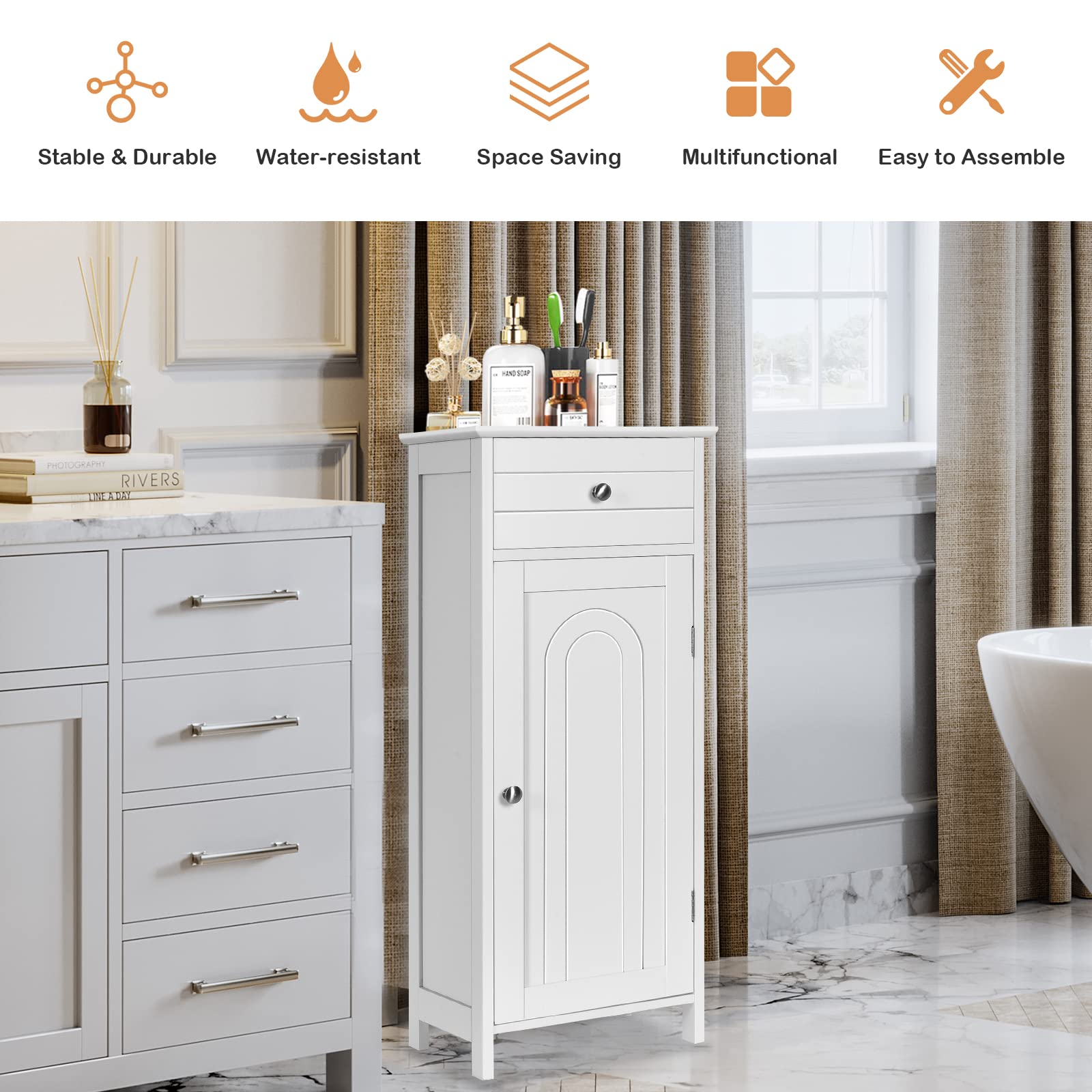 GIANTEX Armadietto Bagno da Terra, Mobiletto a 3 Ripiani con Anta, Cassetto, Manico, Spazio Interno Flessibile, Compatto e Salvaspazio, 35,5x30,5x88 cm, Bianco/Marrone/Grigio/Nero