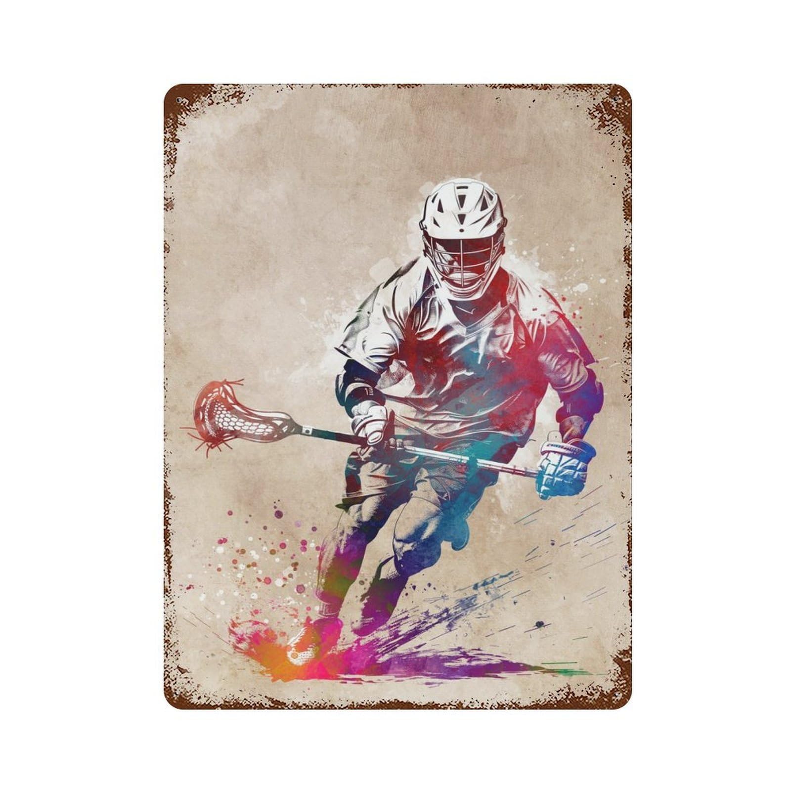 Retro Metal Sign with Lacrosse Player Watercolor Art Design 15.7"x11.8", for Living Room, Hallway And Home Decor, Farmhouse Wall Decor