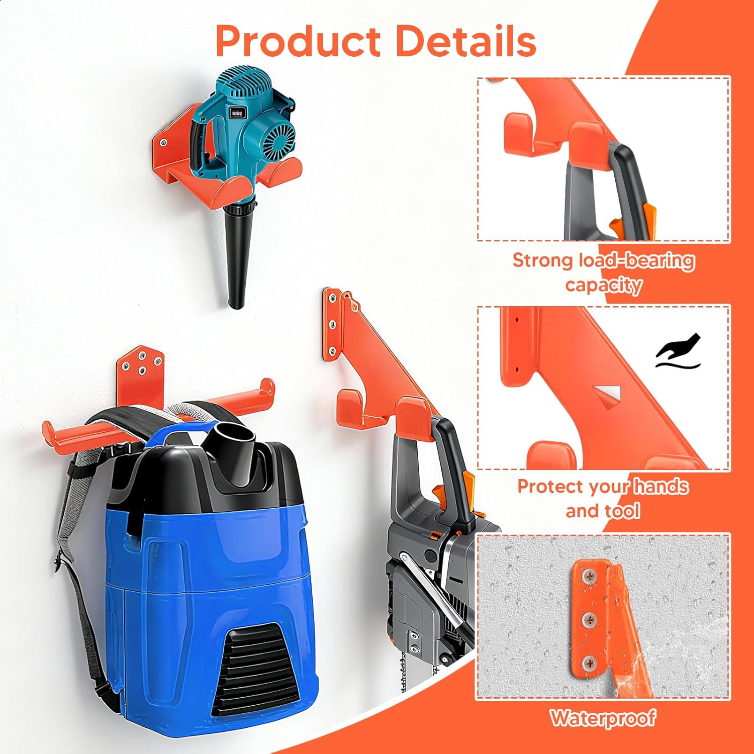3 Pack Chainsaw Holder, Weed Eater Hanger, Backpack Blower Rack, Thickened Reinforced Steel Utility No Scratch Design For Garage Yard Shed Tool Storage
