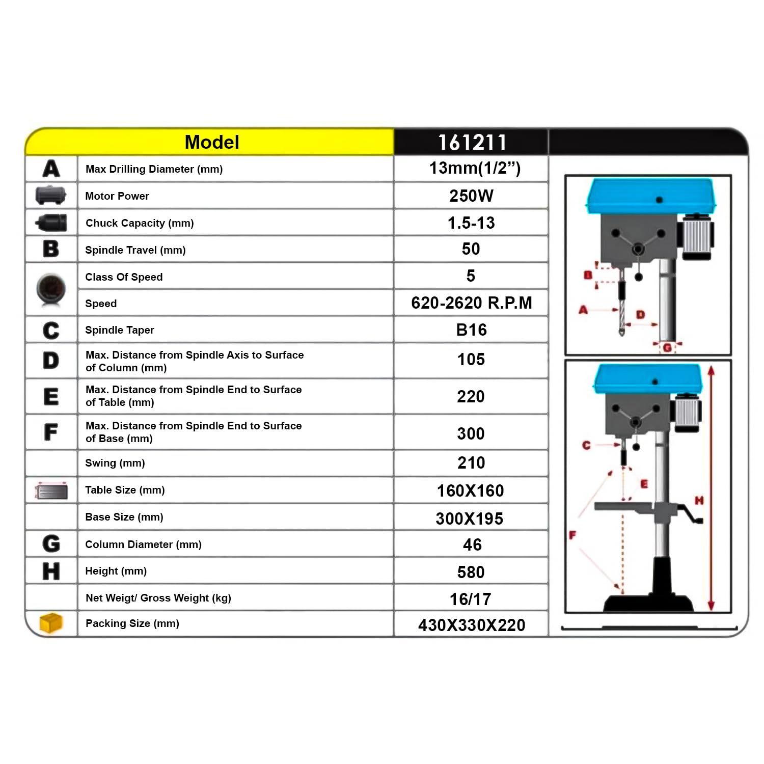 KATSU Tools Taladro de columna de banco 250 W + mandril 13 mm + interruptor electrónico de 5 vel. + profundidad de perforación 50 mm + 2620 rpm