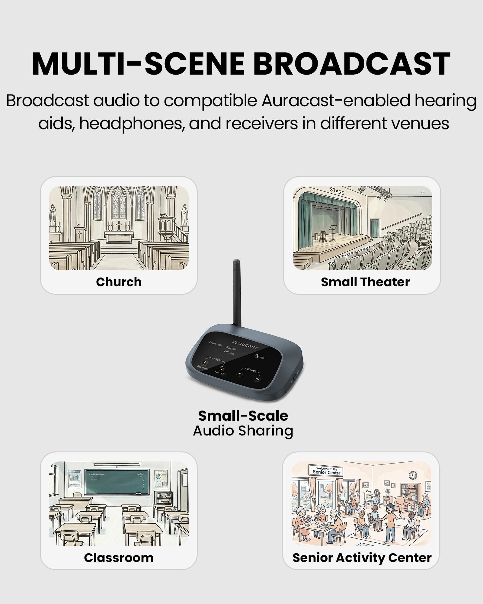 Venucast Oasis Aura - Transmisor Auracast para Iglesias & Recintos, Audio Broadcast para Auracast Dispositivos Escucha Personal y Receptores, BYOD soportado, Compatible con Mezcladores & TVs