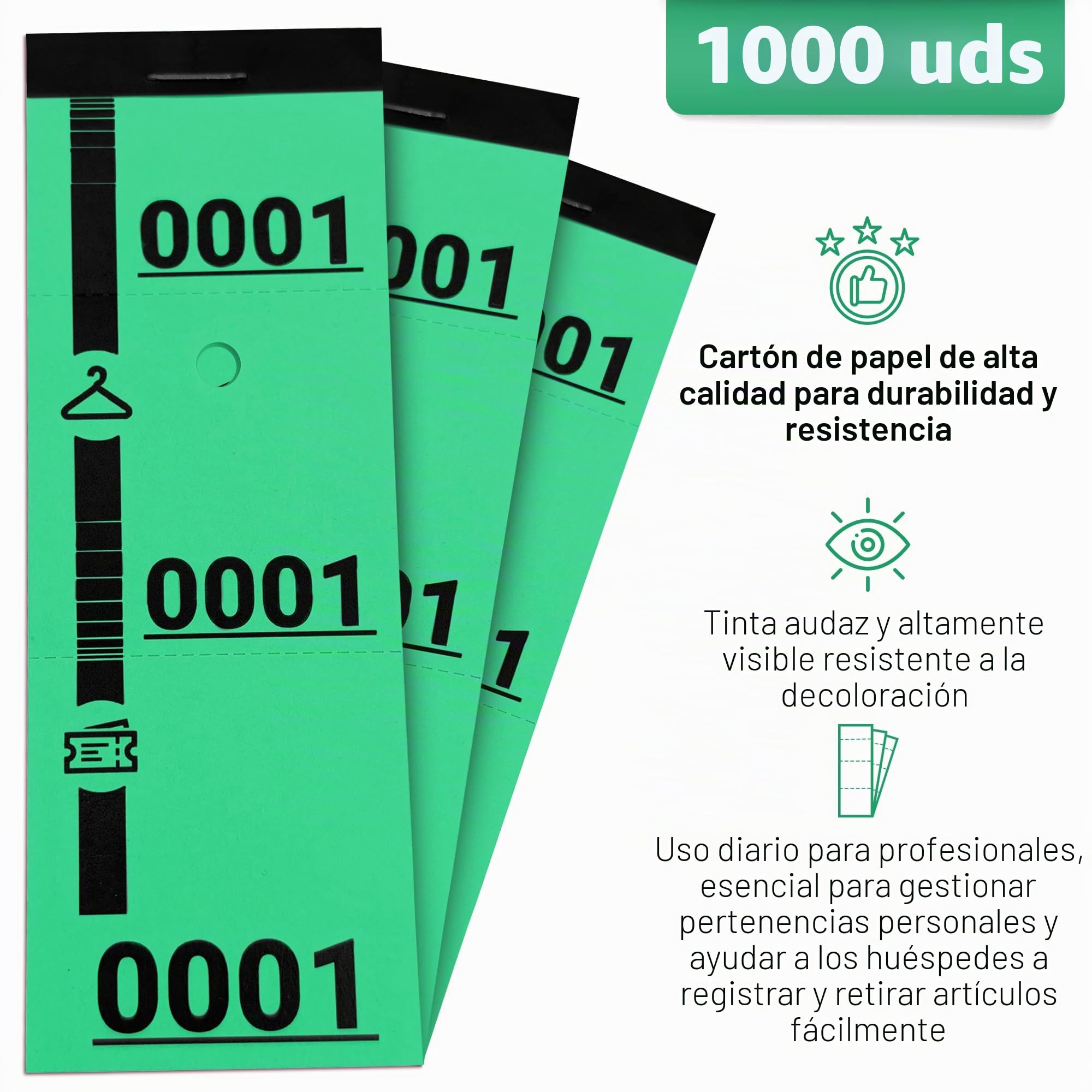 Paperlin 1000 Tickets de guardarropa Verdes – numerados del 1 al 1000 – 3 Partes Perforadas – Alta Resistencia (160g), Fabricado en Italia – Ideal para Eventos, rifas, guardarropa – 5x14 cm