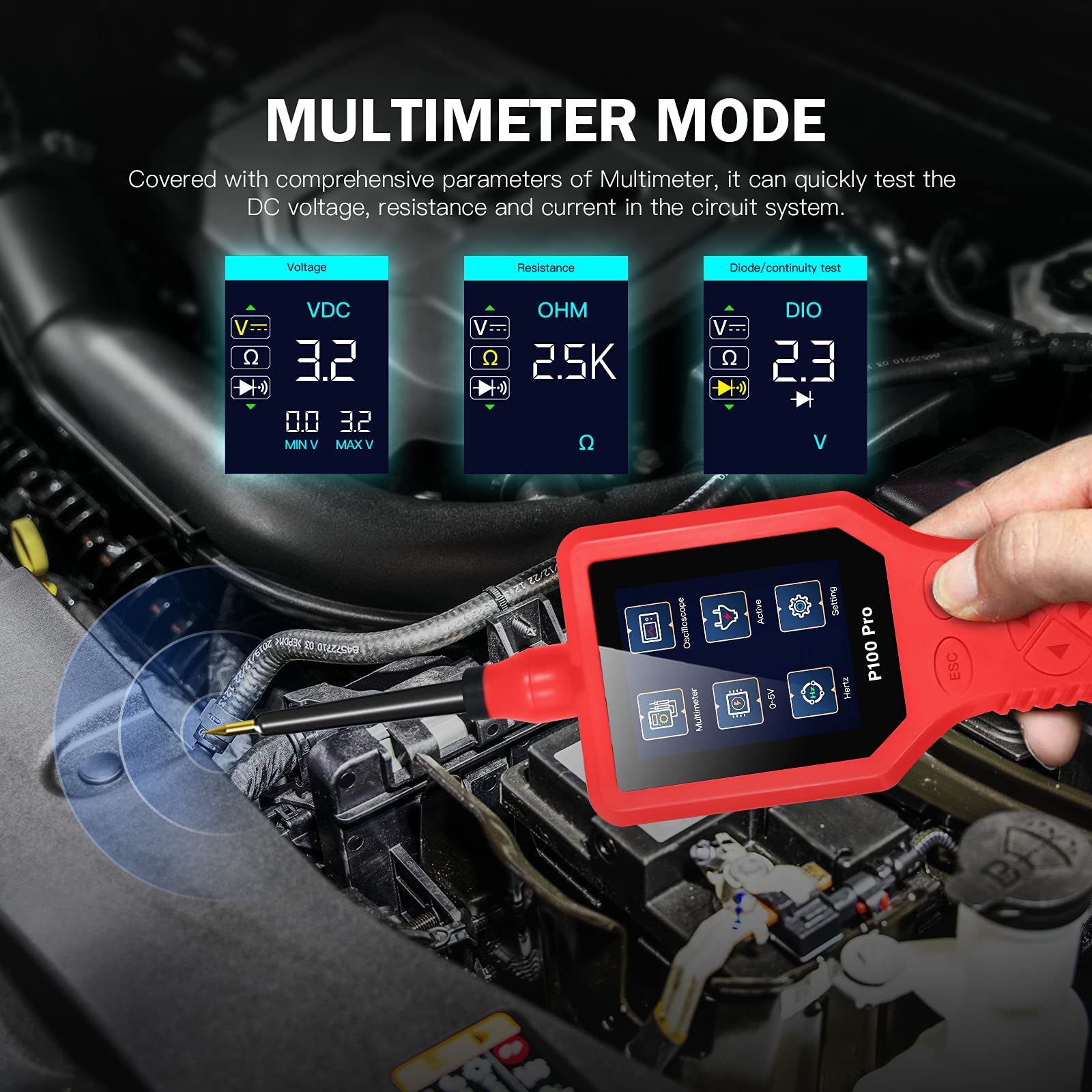 P100 Pro Kfz-Stromkreistester, Schnelles Testen, Professionelles Multimeter für Auto- und Motorrad-Enthusiasten, Schwarzes Kunststoffmaterial (Rot)