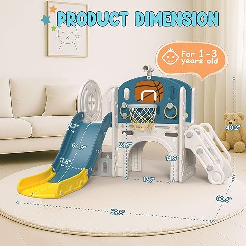 Miniatura 6 de BIERUM Tobogán para bebé - Juego 9 en 1 para niños pequeños de 1 a 3 años con lanzamiento de anillo, aro de baloncesto, juego para interiores y