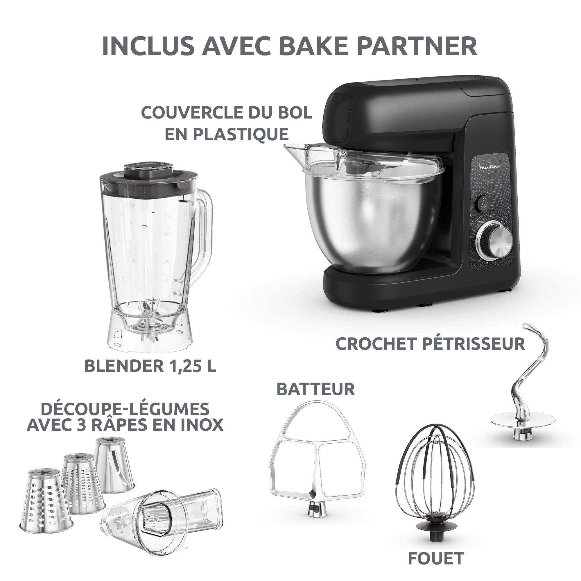 Moulinex Bake Partner, Robot pâtissier, Puissance 1100 W, Bol inox 4,6L, Batteur, Fouet, Pétrin, Blender, Découpe-légumes, Résultat homogène, Noir, QA522810
