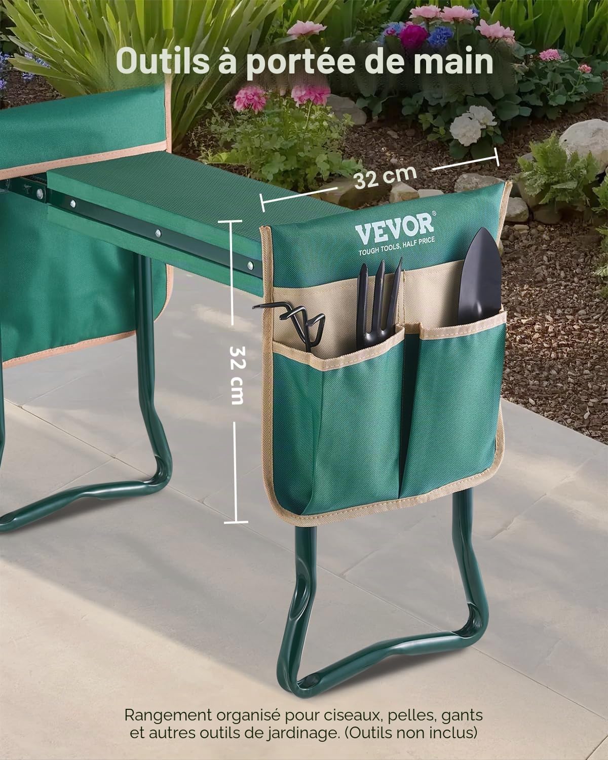 VEVOR Agenouilloir de Jardinage, Coussin Large 15 cm, Tabouret de Jardinage, Charge 150 kg, Banc de Jardin Pliable, Siège Polyvalent avec 2 Sacs à Outils pour Jardin, Grands-Parents, Personnes Âgées