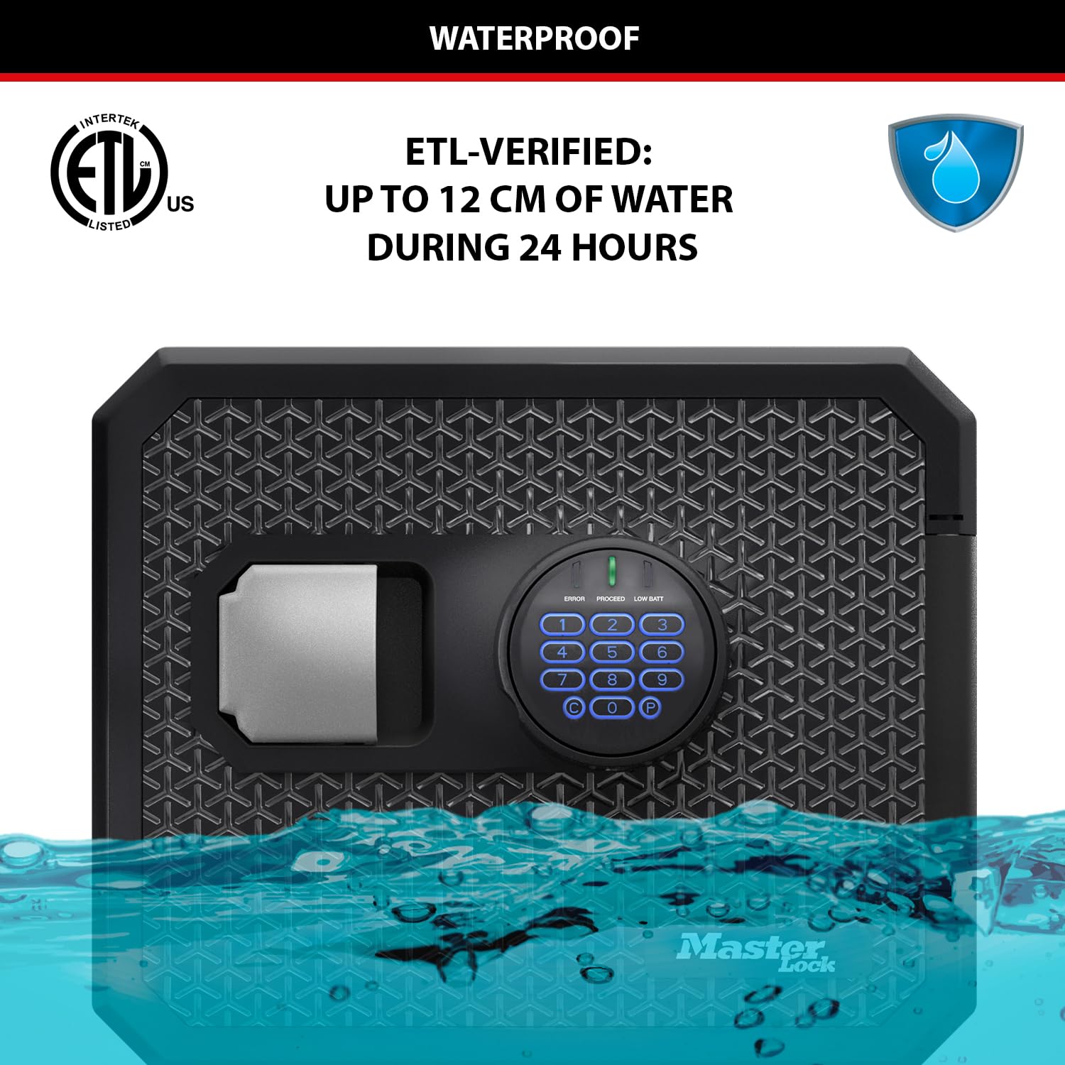 Master Lock z Certyfikatem Ognioodporności i Wodoodporności, 23 l, 417 x 348 x 478 mm, Szyfr Cyfrowy z Podświetlaną Klawiaturą