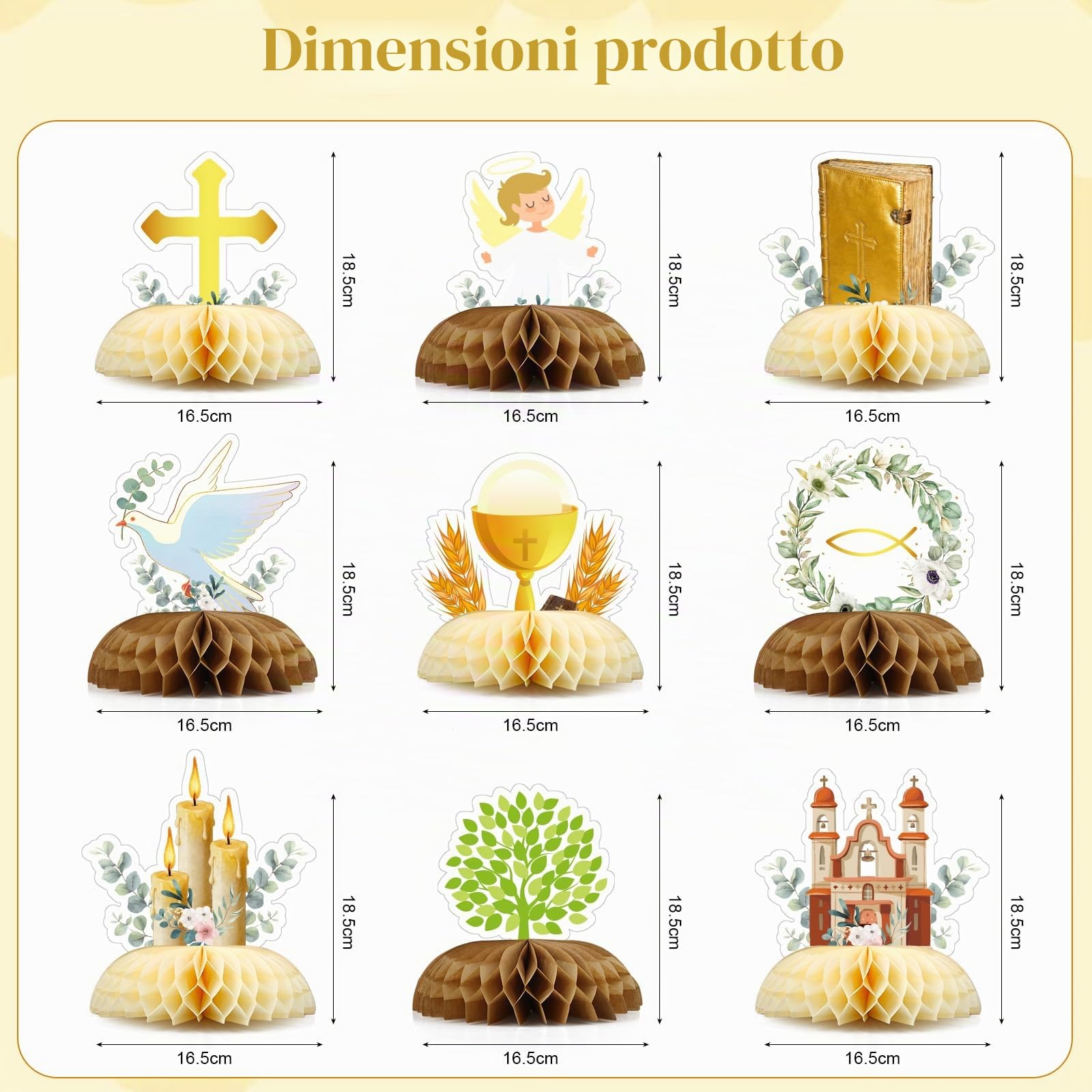 Lot 9 Centrotavola Nido d'Ape per Battesimo e Comunione - Decorazioni Tavolo con Croce e Colomba - Addobbo Florence per Bomboniere e Segnaposto - Decorazione Religiosa per Cerimonie