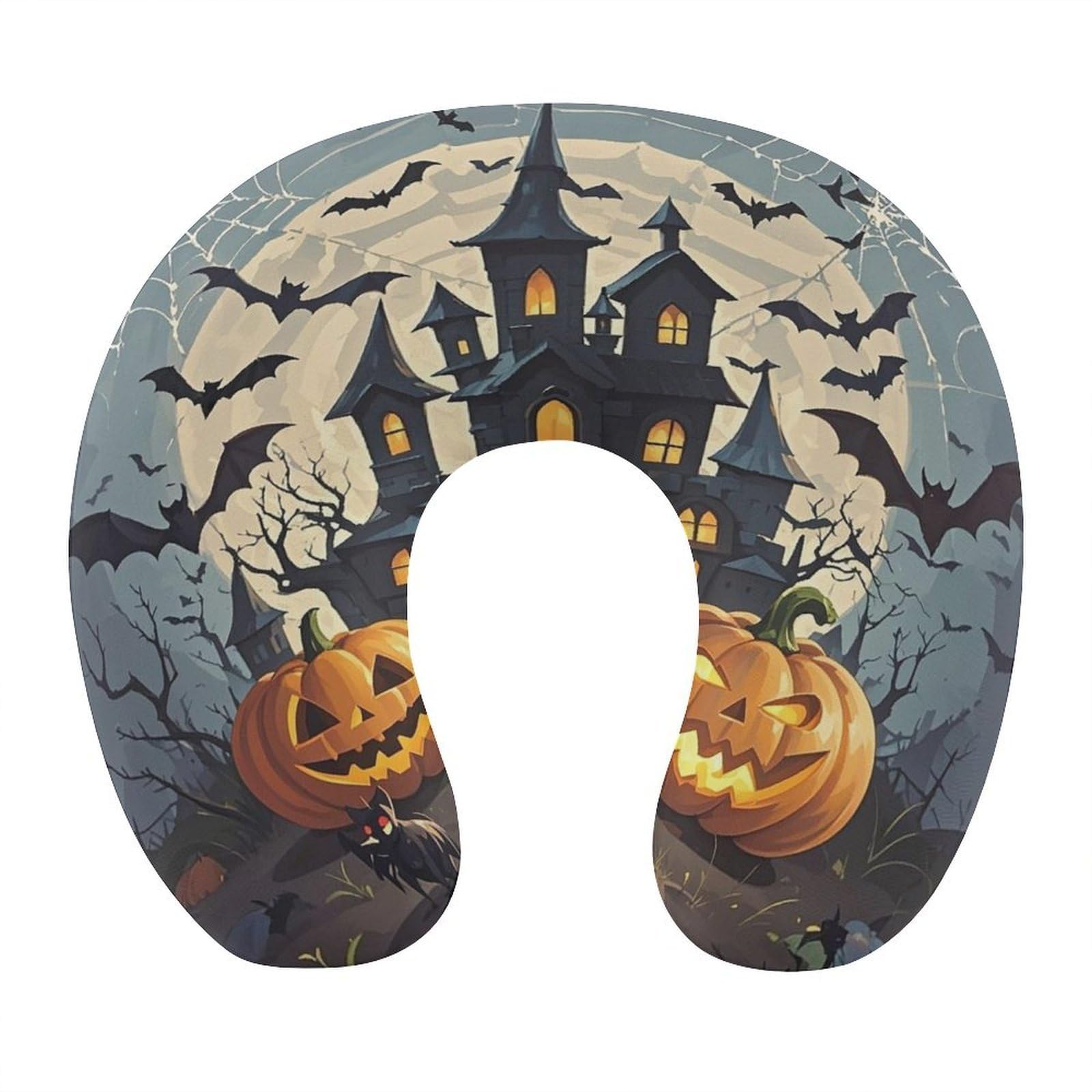 Pumpkin Lantern Castle Travel Pillow U Shaped Neck Pillow Comfortable Memory Foam Pillow Portable Soft Headrest Lightweight Neck and Head Support for Planes Trains Self-Driving Cars